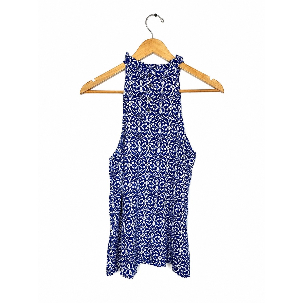 Cynthia Rowley 100% Silk Blouse Size S Blue White Print Ruffle Neck Sleeveless - Picture 3 of 6
